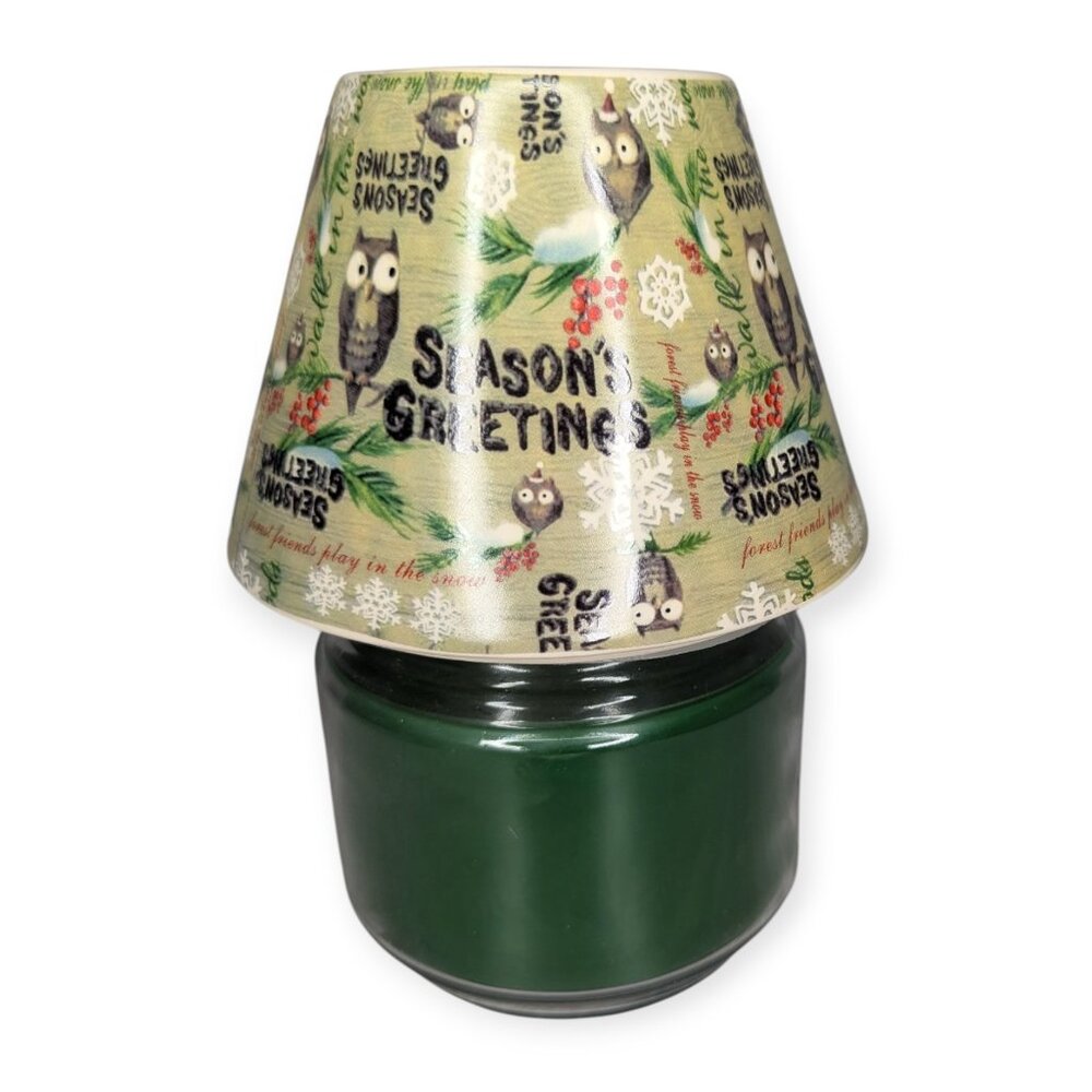Season's Greetings Pine/Owl Glass Jar Candle w/Ceramic Shade 14.5 oz Unused